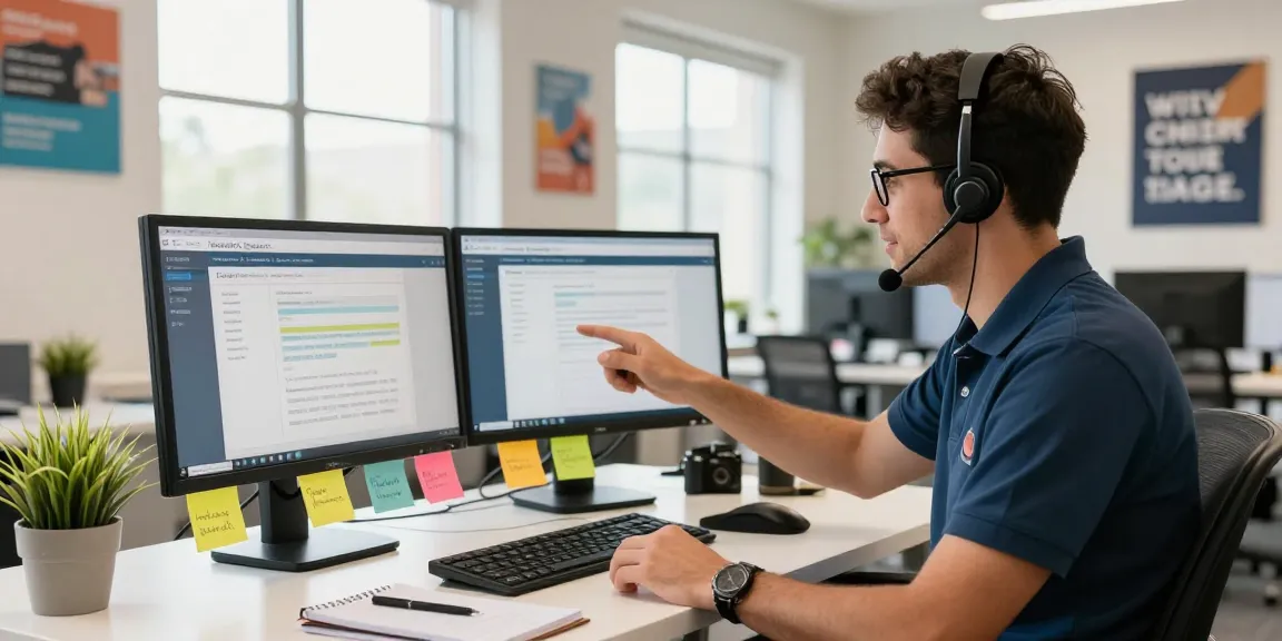 Technician providing Telus-Technical-Support in a bright office space with dual monitors.