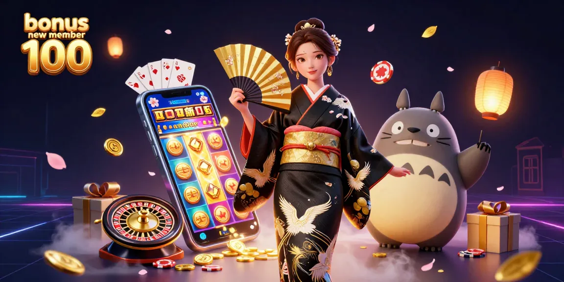 Claim your bonus new member 100 with a vibrant casino-themed 3D illustration showcasing games and excitement.