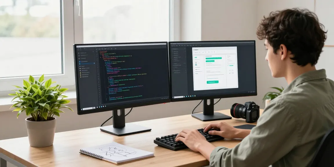 Developer working on dual monitors showcasing 纸飞机中文版 app design in a modern tech workspace.