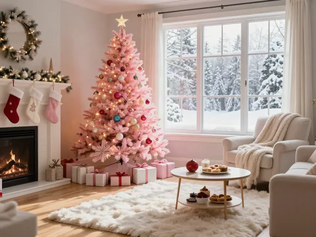 Beautifully decorated pink Christmas tree in a cozy living room, creating a festive holiday atmosphere.