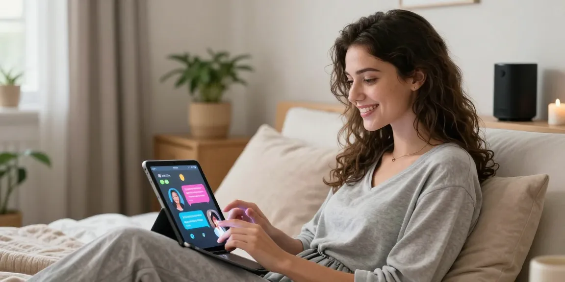 Young woman interacting with her AI girlfriend on a tablet in a cozy bedroom