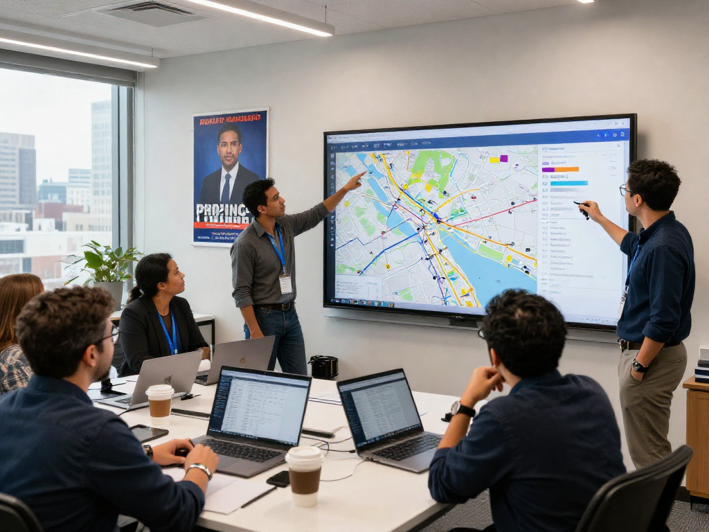 IP targeting political ads strategy session with diverse team analyzing voter data in a campaign office.