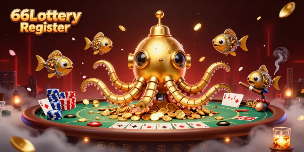 Capture the excitement and wealth of the 66Lottery Register with this vibrant scene of a golden kraken submarine amidst poker elements.