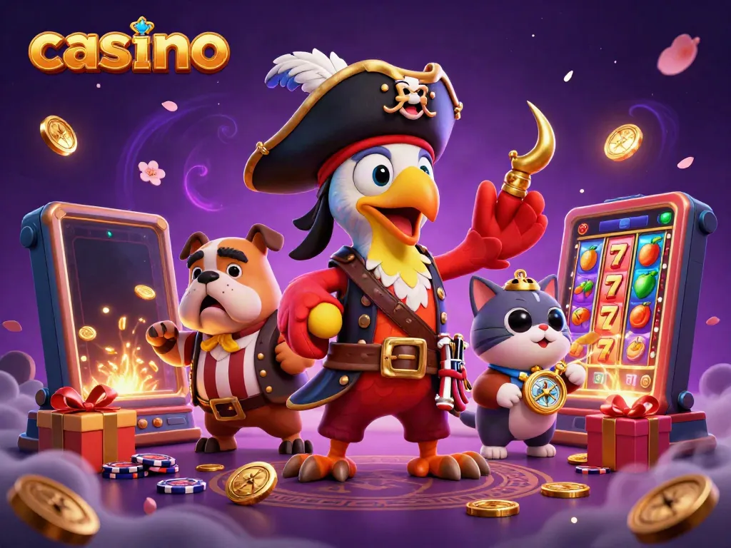 Engaging casino illustration depicting a pirate captain and crew immersed in slot games, coins, and excitement