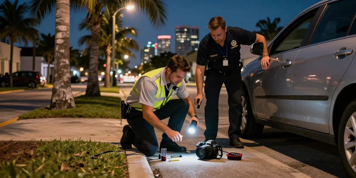 Emergency locksmith Fort Lauderdale assisting a homeowner by a locked car under city lights, showcasing quick response and professionalism.