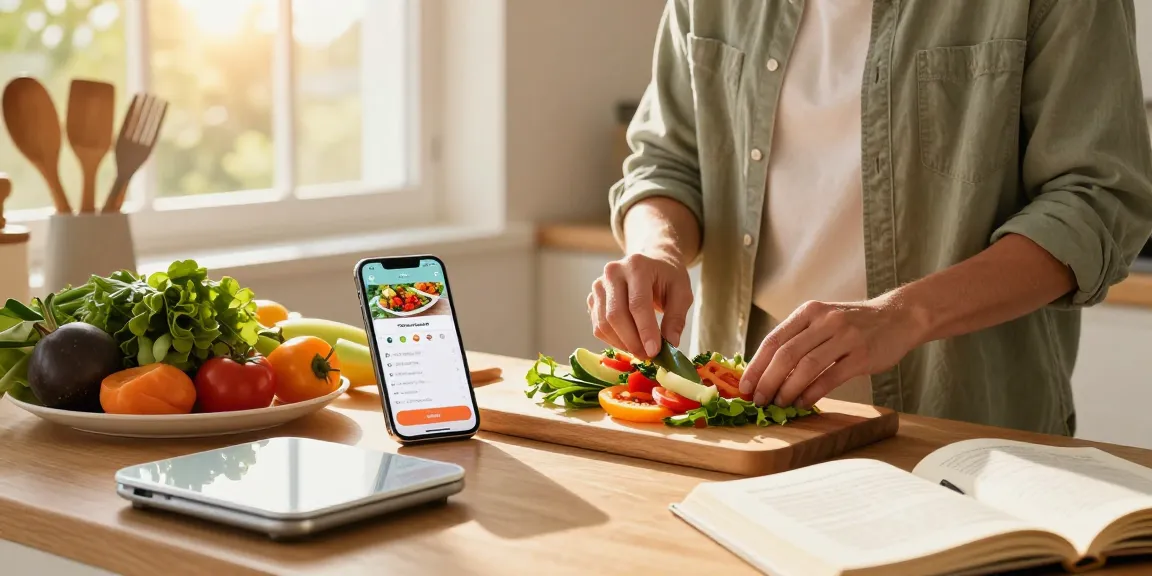 Engaging kitchen scene showcasing the best food tracker app for healthy meal preparation with fresh ingredients.