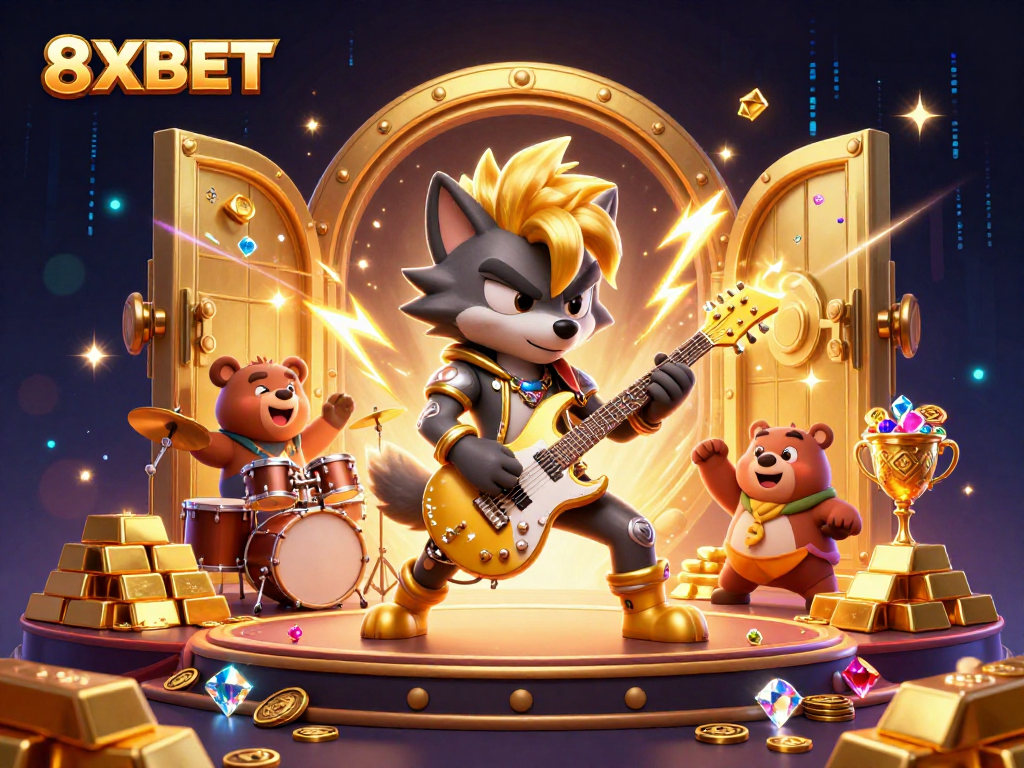 Experience the thrilling energy of 8XBET with a rock star wolf and drummer bear in a vibrant casino setting.