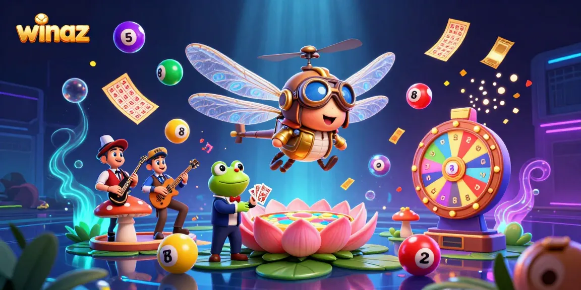Winaz brings excitement to gambling with a vibrant scene featuring a cartoon dragonfly pilot and a frog croupier.
