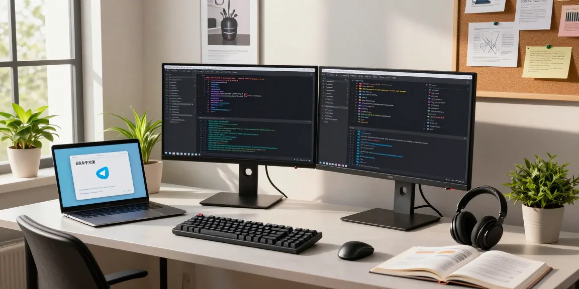 Developer optimizing the 纸飞机中文版 app in a modern tech workspace filled with coding tools and motivational decor.