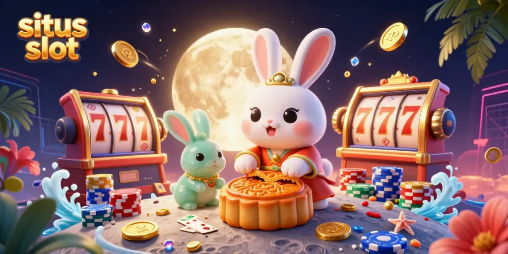 Ilustrasi situs slot yang menampilkan karakter kelinci bulan dan elemen permainan kasino yang menarik.