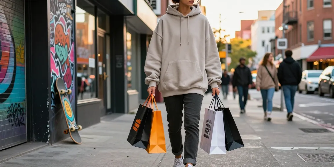 Person wearing essentials hoodies enjoying urban street style with shopping bags.