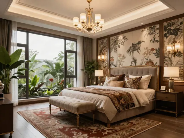 Luxurious bedroom inspired by rokok88 super aesthetic with elegant furniture and warm lighting.
