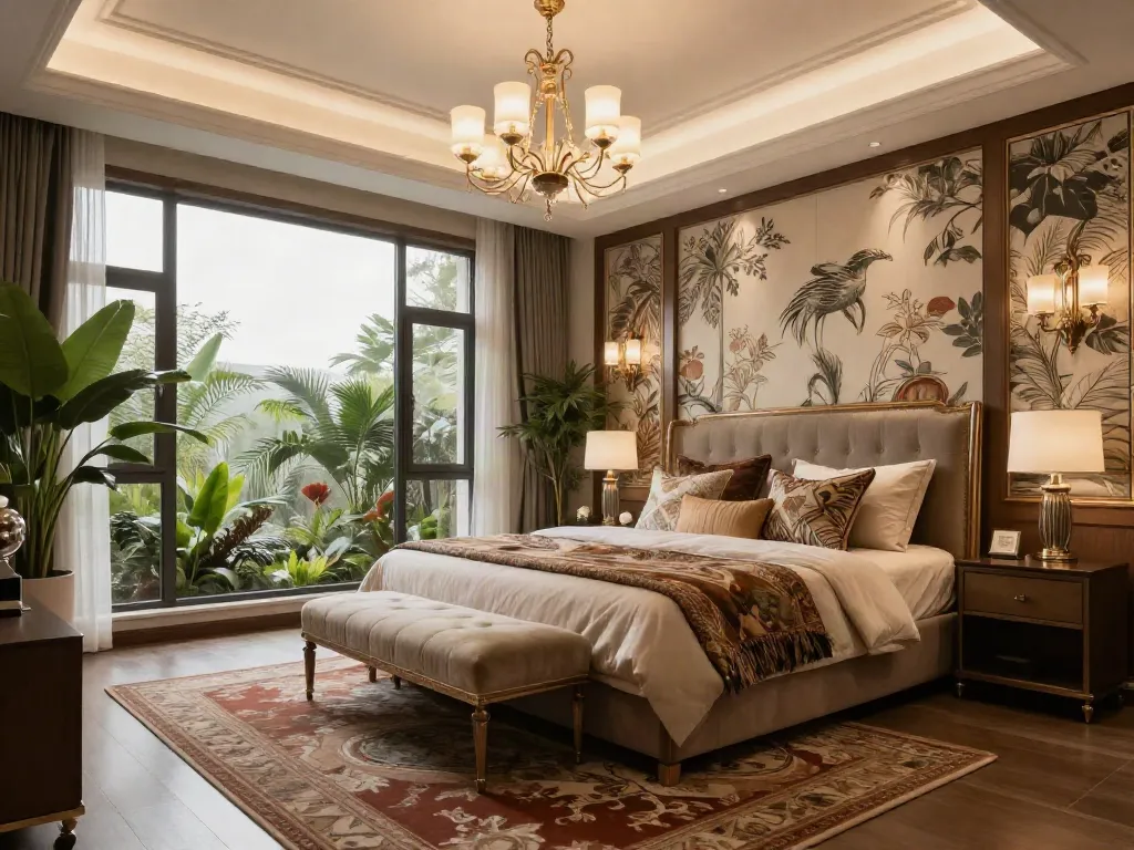Luxurious bedroom inspired by rokok88 super aesthetic with elegant furniture and warm lighting.