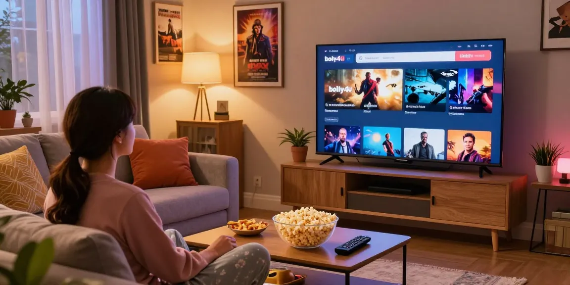 Engaging bolly4u movie streaming setup with cozy living room ambiance, popcorn bowl, and TV display.
