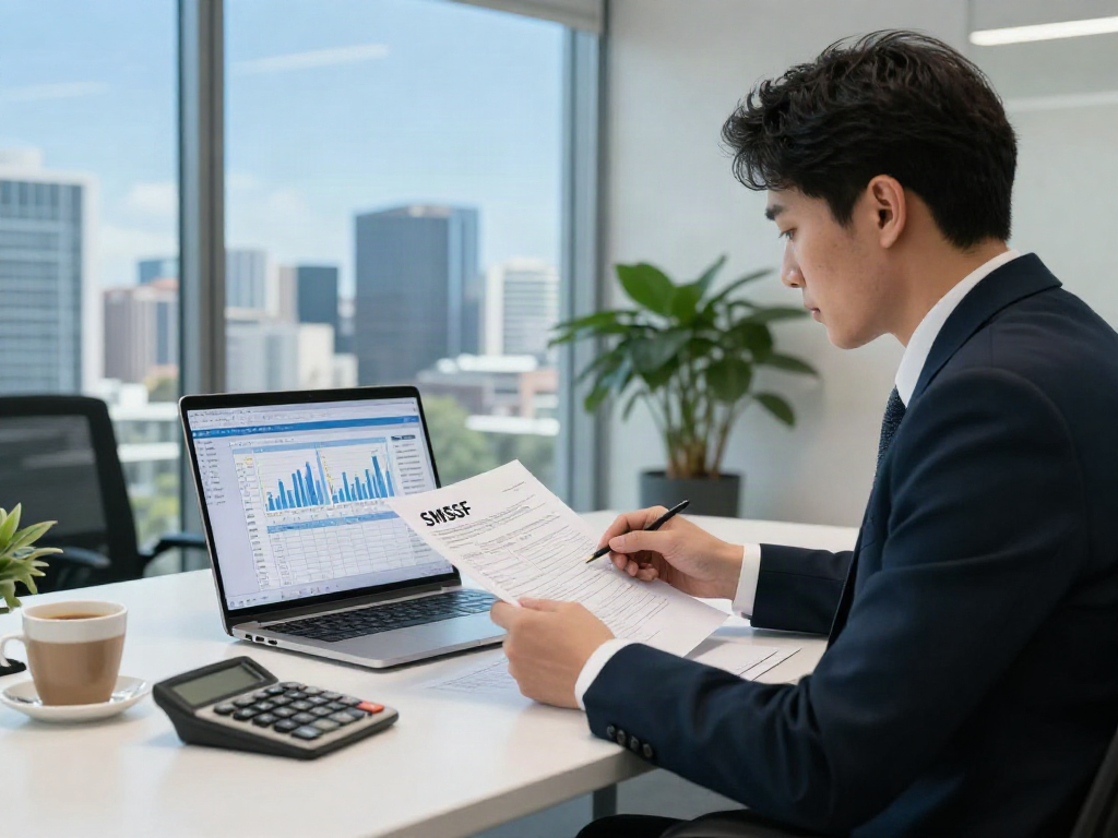 SMSF audit process with auditor reviewing financial documents in a modern office.