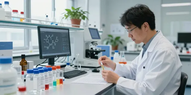 Swiss Chem lab scene with a scientist analyzing peptides and research chemicals.