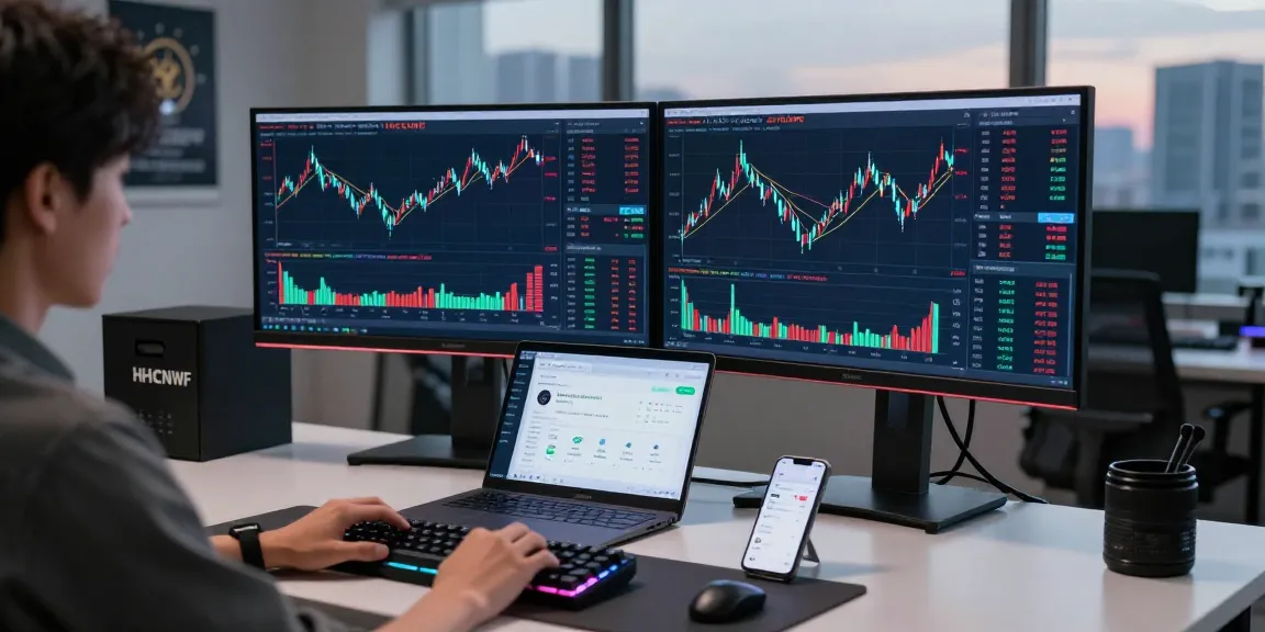 HCNWF stock price displayed on dual monitors in a professional crypto trading setup showcasing innovation in cryptocurrency trading.