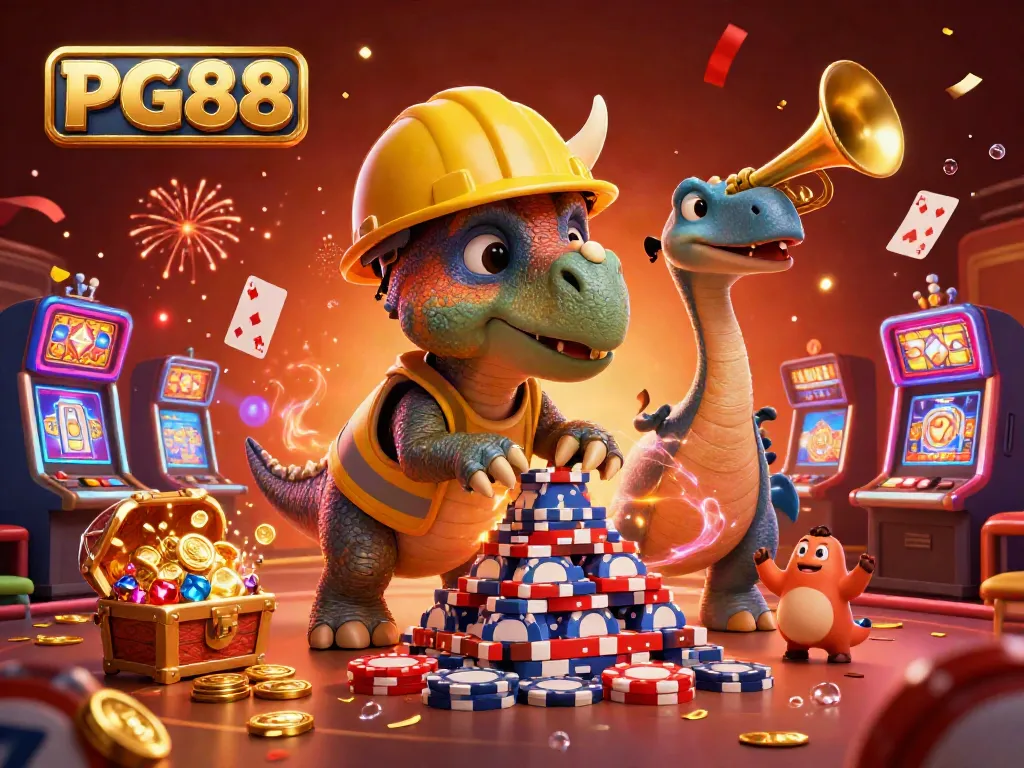Experience PG88's gaming thrill with cheerful dinosaurs celebrating a jackpot in a vibrant casino.