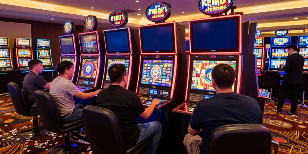 Slot777: Pengunjung kasino bermain mesin slot dengan antusiasme tinggi