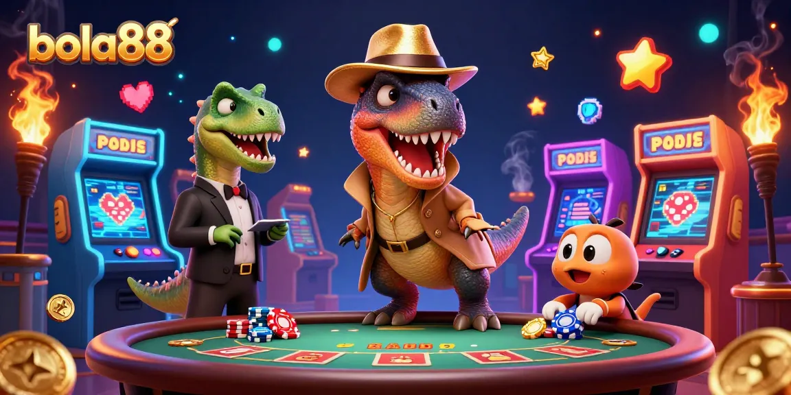 Bettors enjoy the thrill at bola88 with a card counter velociraptor amidst vibrant casino action.