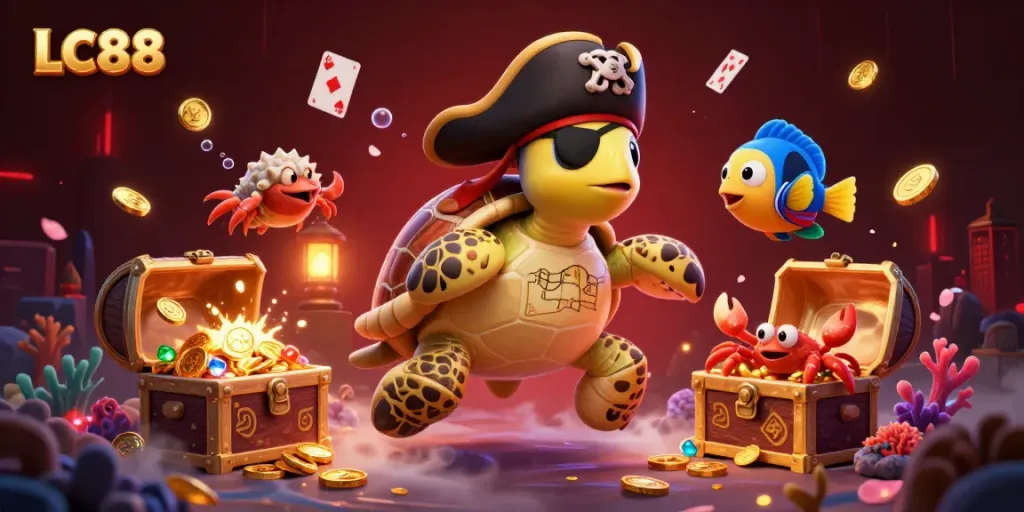 Experience the underwater world of LC88 with a pirate turtle, crab, and colorful gems in a vibrant casino scene.
