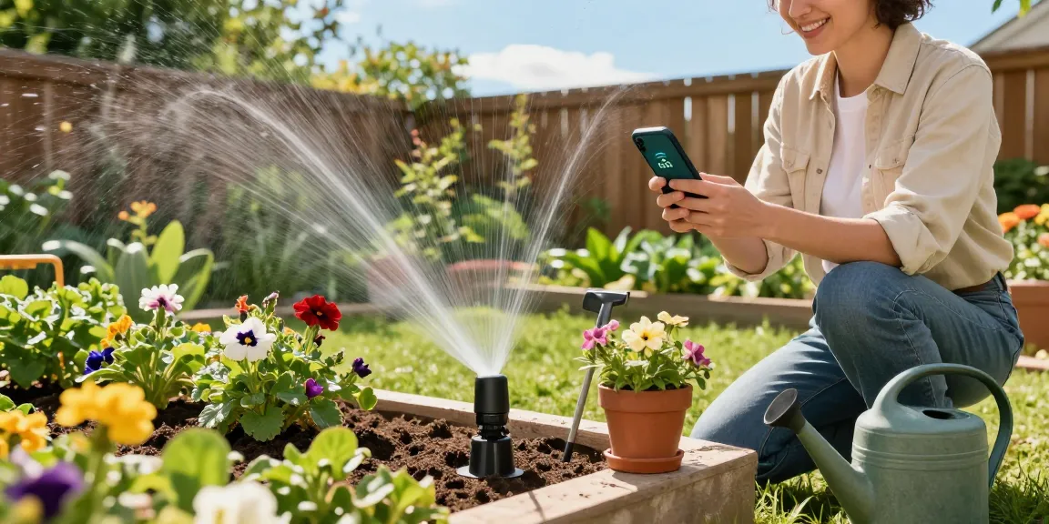 Setting the RainPoint sprinkler timer in a vibrant garden for effective watering.