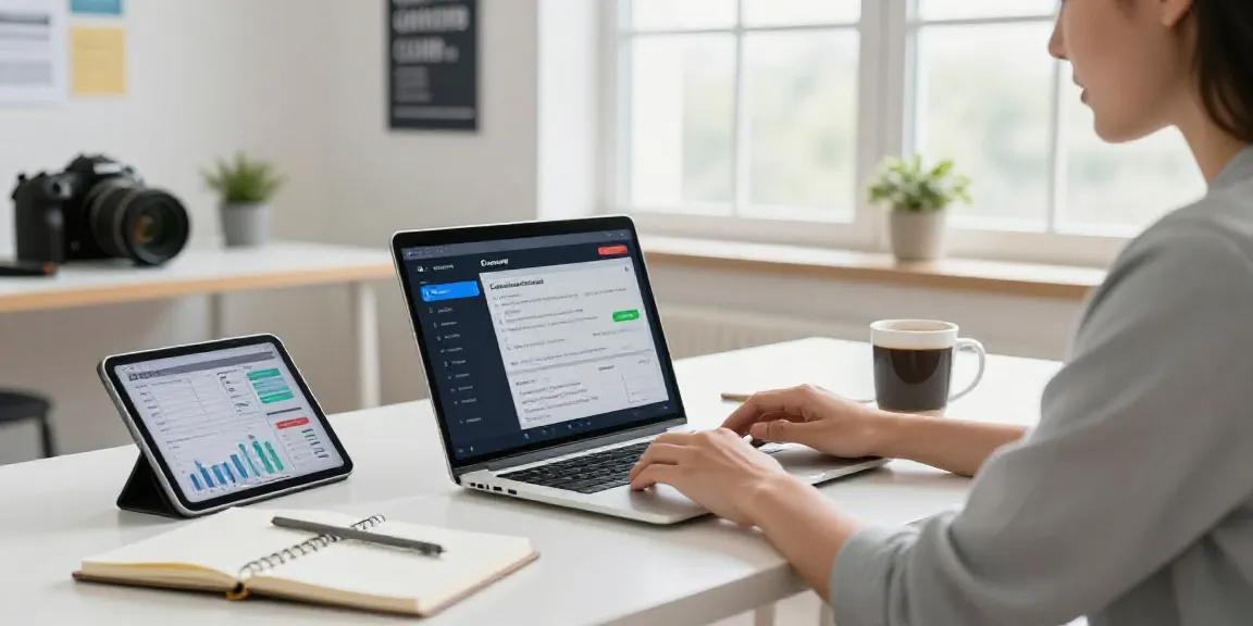 Content creator using an AI content generation tool in a modern office setting.