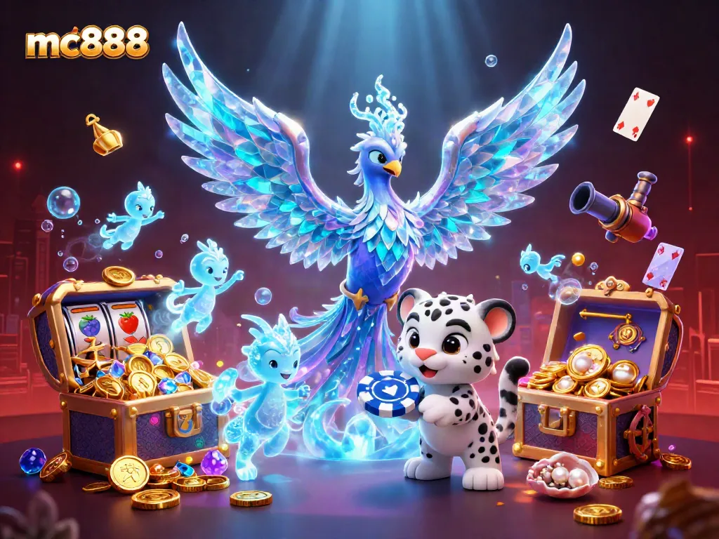 Menggambarkan pengalaman bermain di mc888 dengan slot, jackpot, dan karakter magis.