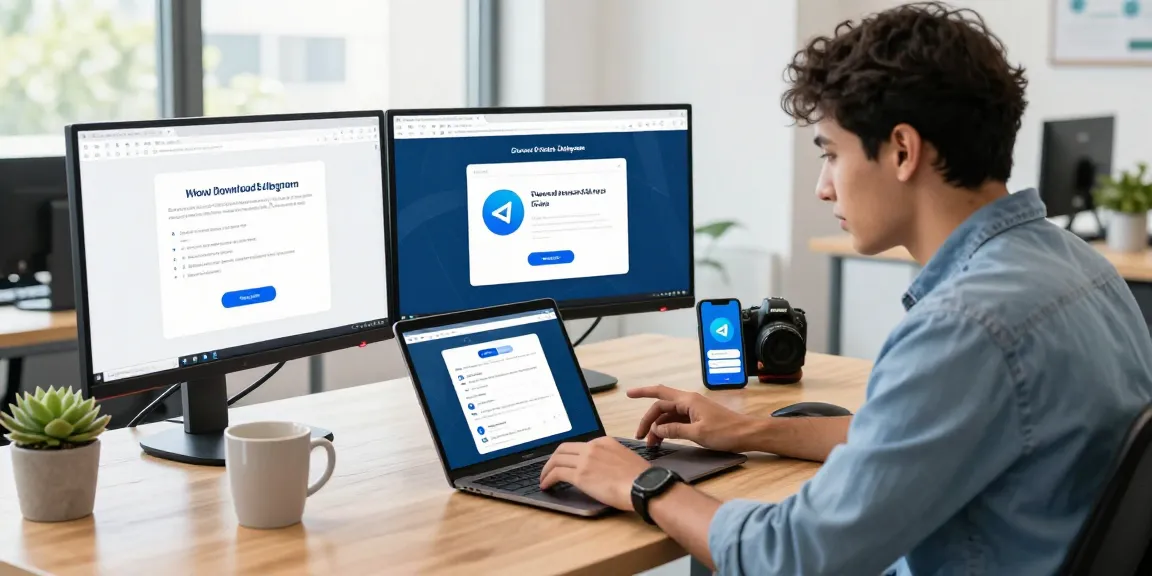 Guide to telegram download china vpn in a modern workspace with laptop and VPN app.