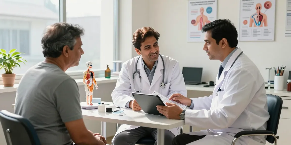 Dr. Amit Kumar Jha, the best urologist in Bhopal, consulting with a patient in a modern clinic setting.