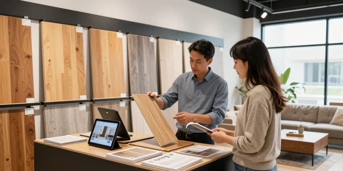 Engaging flooring business software consultation with a customer in a modern showroom