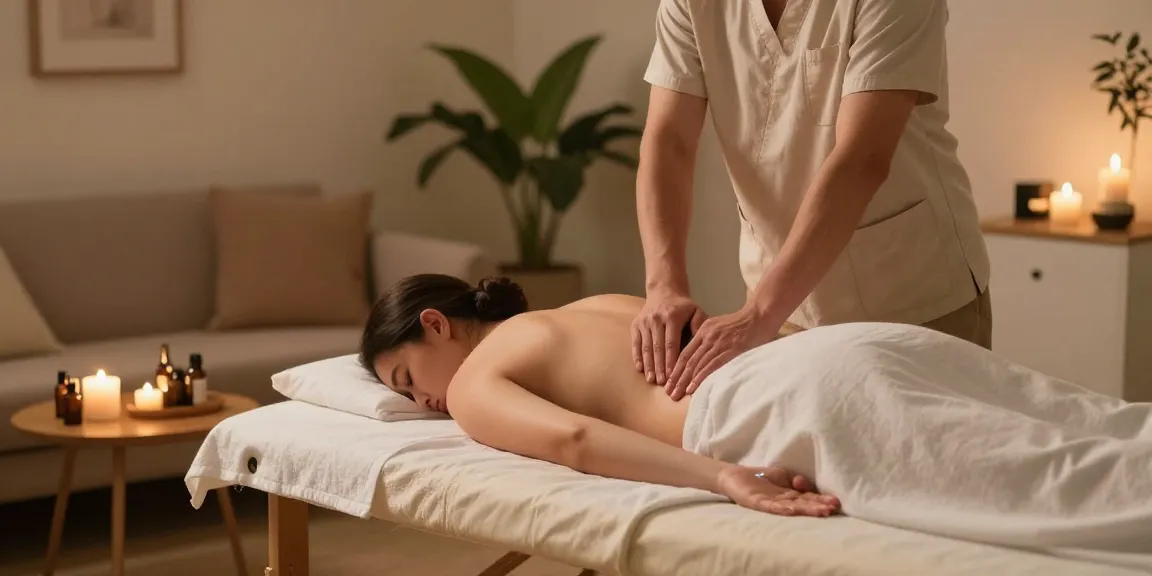 Relaxing home massage scene representing https://www.banhanamsg.com/ with therapist preparing a soothing environment for clients.