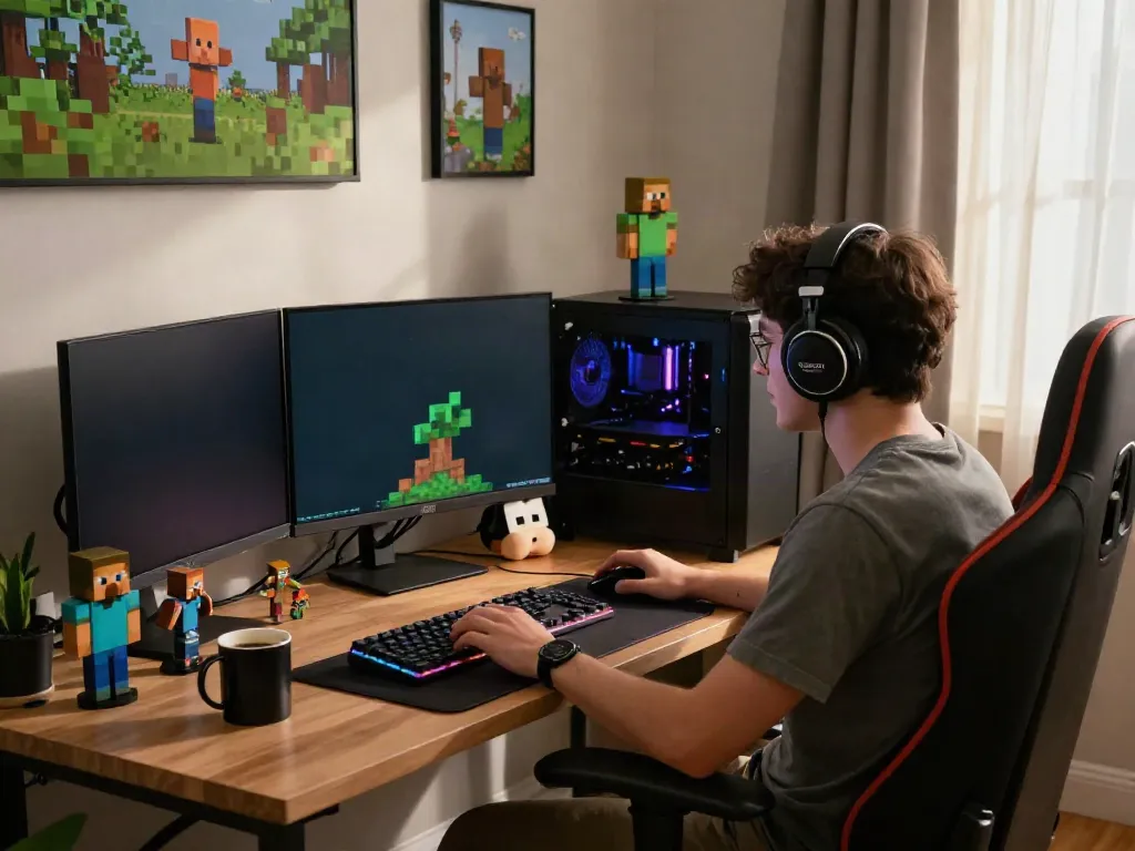 Engaging gaming setup with Minecraft servers displayed on dual monitors, showcasing an immersive gaming experience.