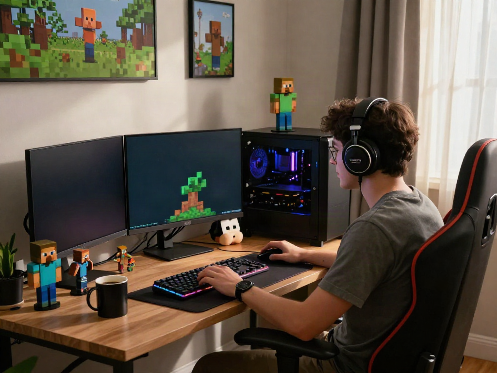 Engaging gaming setup with Minecraft servers displayed on dual monitors, showcasing an immersive gaming experience.