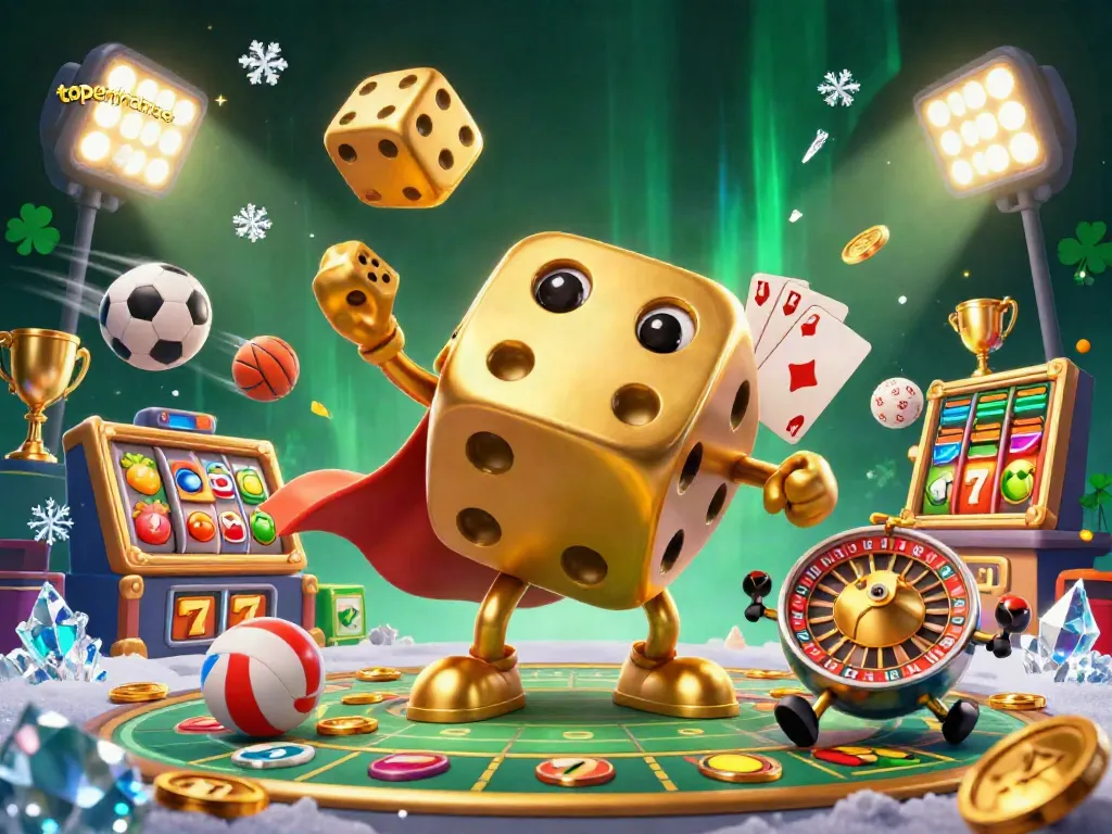 Menangkan jackpot di topenfrance dengan gambar kartun kasino yang menampilkan dadu emas dan elemen permainan menarik.