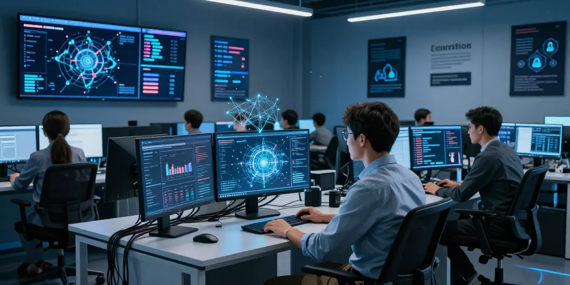What is the role of AI in cybersecurity: a diverse team monitoring cybersecurity threats in a high-tech command center with AI analytics.