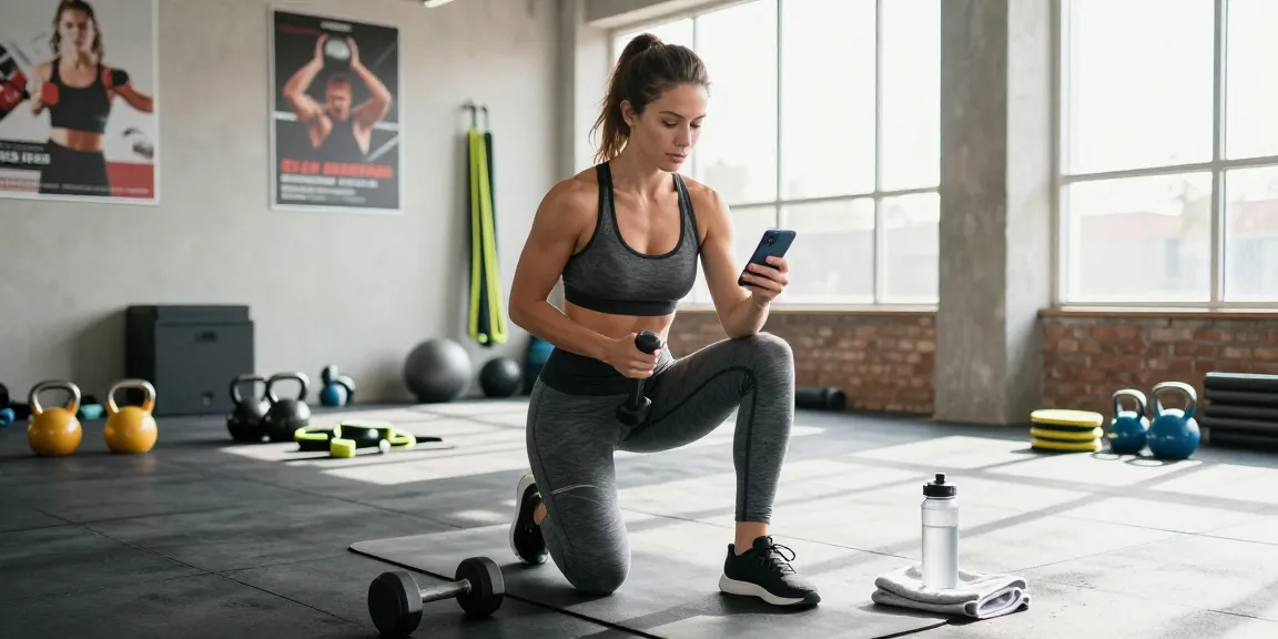 Best macro tracker on a smartphone in fitness class, woman lifting weights