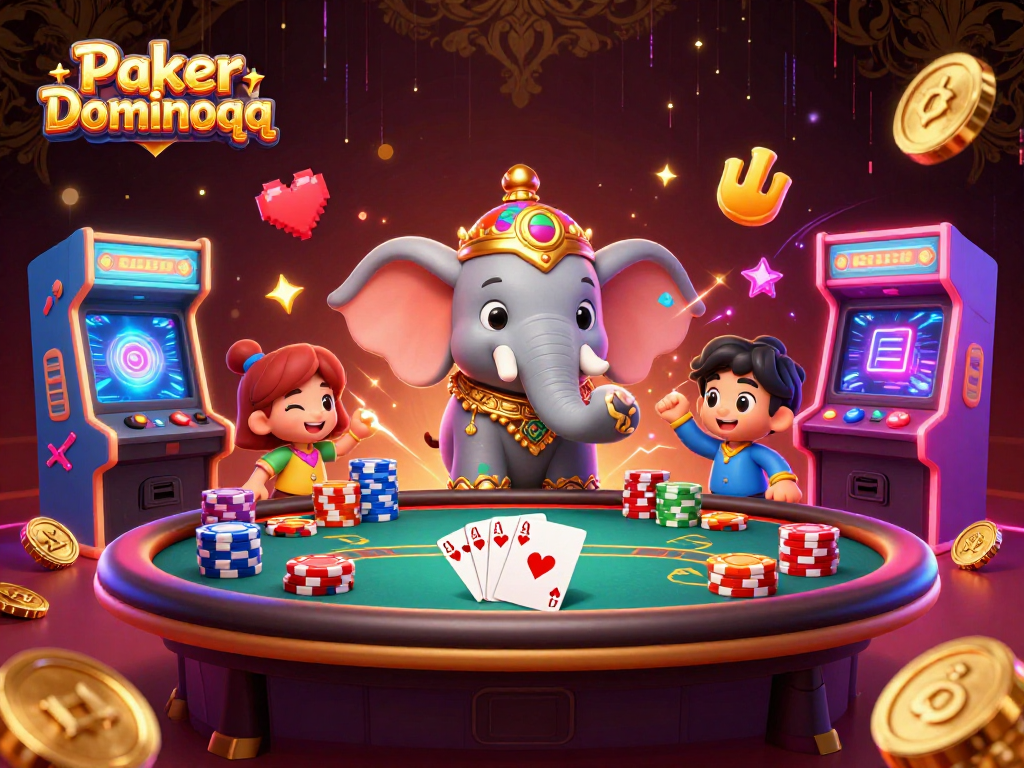 Engage in Poker Dominoqq action with a vibrant elephant and thrilling casino elements.