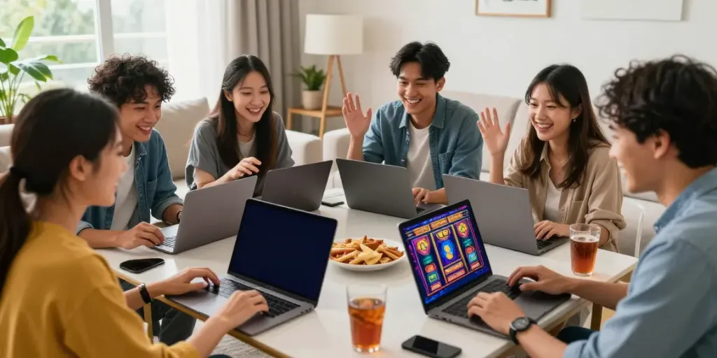 Group of friends enjoying slot gacor games together in a cozy living room.