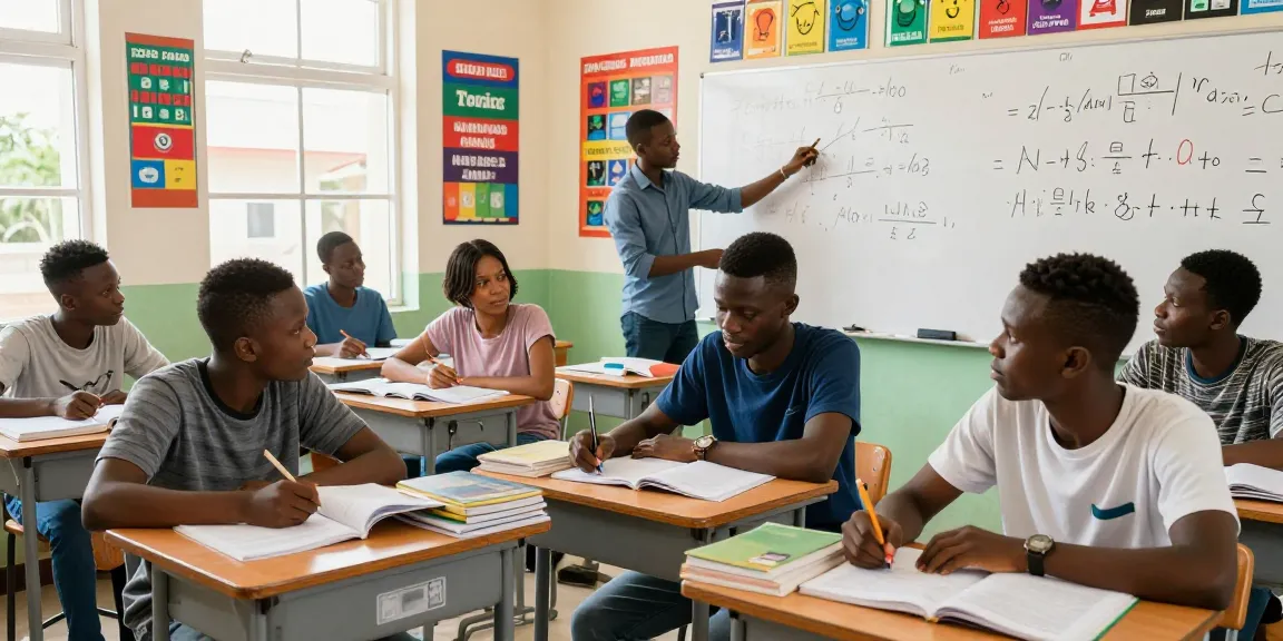 Students collaborating on study materials for 2026 nabteb runz exam preparation in a bright classroom.