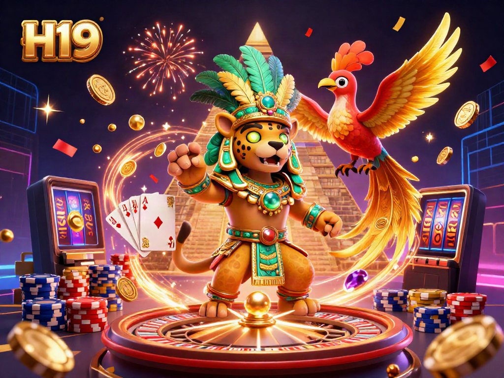 Experience excitement with H19 as the Mayan priest celebrates gambling in an ultra-detailed casino scene.