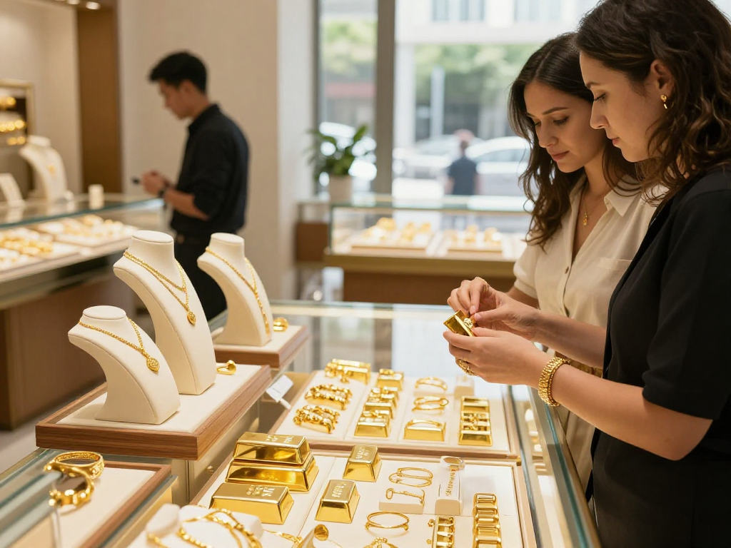 Mantra 88 gold jewelry showcase featuring 24K gold bars and elegant pieces.
