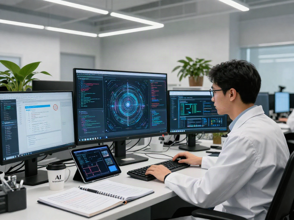 AI Detection research in a modern lab with scientists analyzing images and data analytics tools.