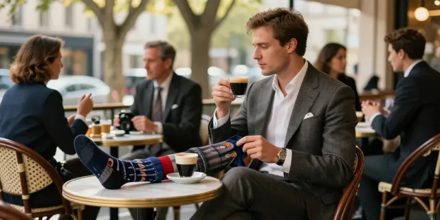 Luxury men's socks paired with tailored attire in stylish café setting.