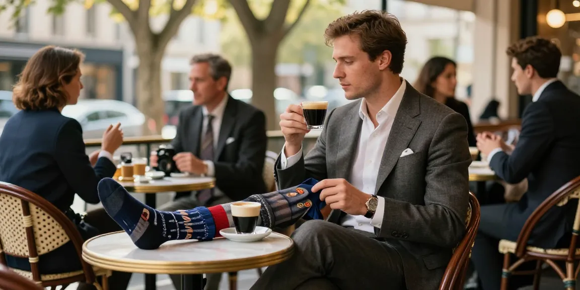 Luxury men's socks paired with tailored attire in stylish café setting.