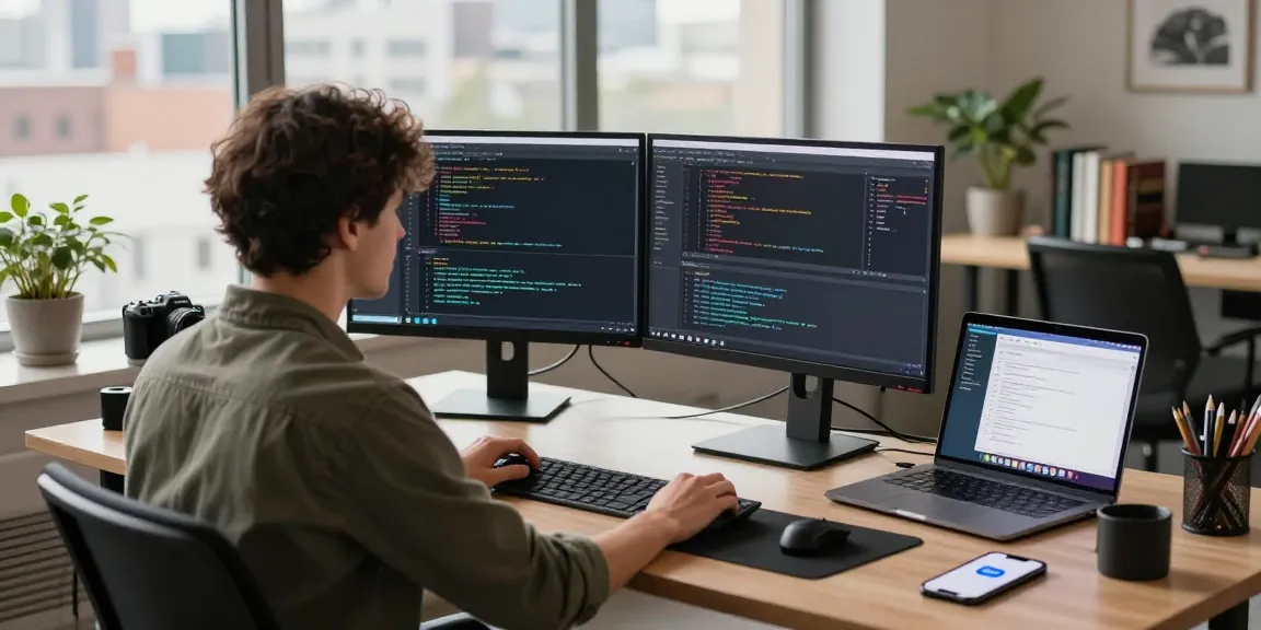 Innovative workspace showcasing 纸飞机中文版 developer coding with dual monitors in a vibrant office setting.