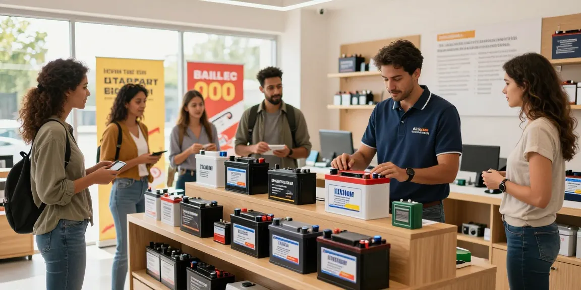 Customers exploring 12V Lithium Battery options in a bright retail store environment.
