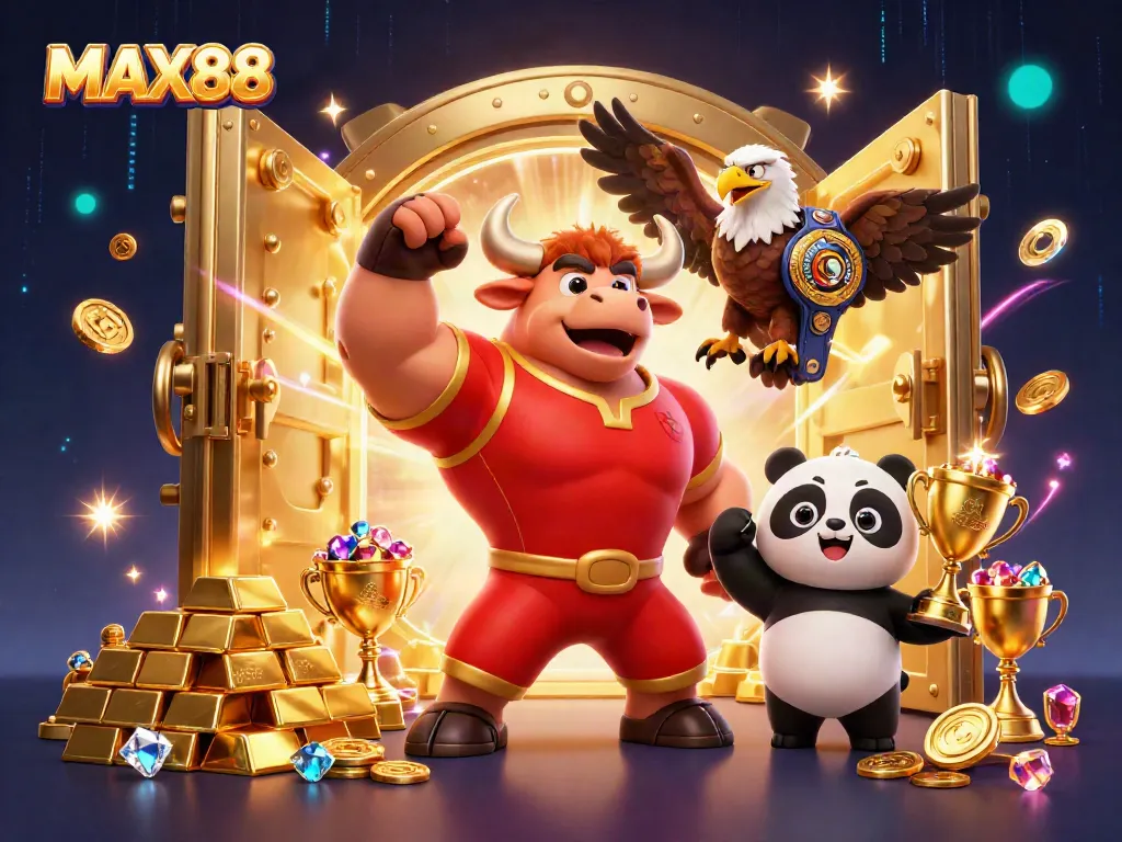 Celebrate victories with MAX88 as a cartoon bull mascot, eagle, and panda amidst treasures.