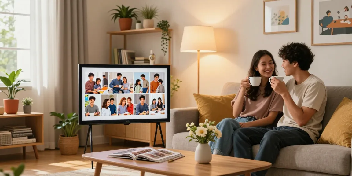 Digital photo frame showcasing cherished family moments in a cozy living room.