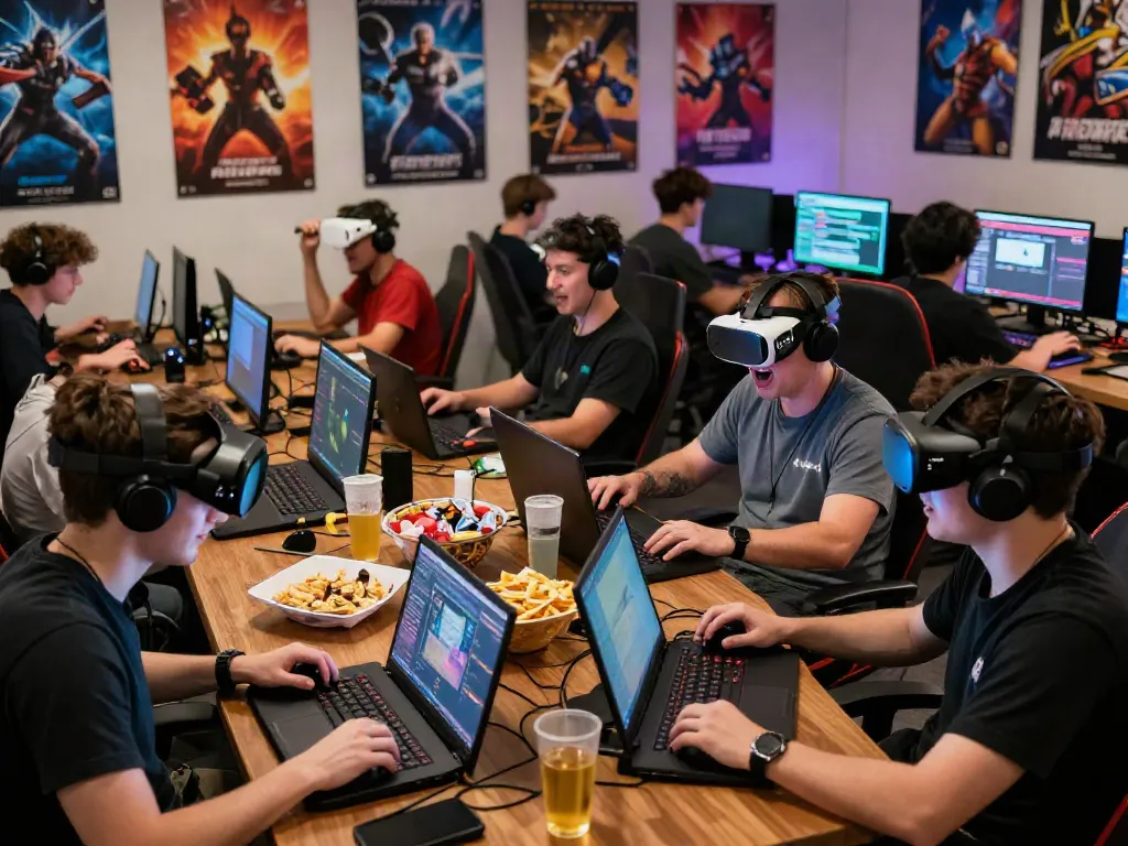 Community gamers enjoying rokok88 in a lively online gaming hub.